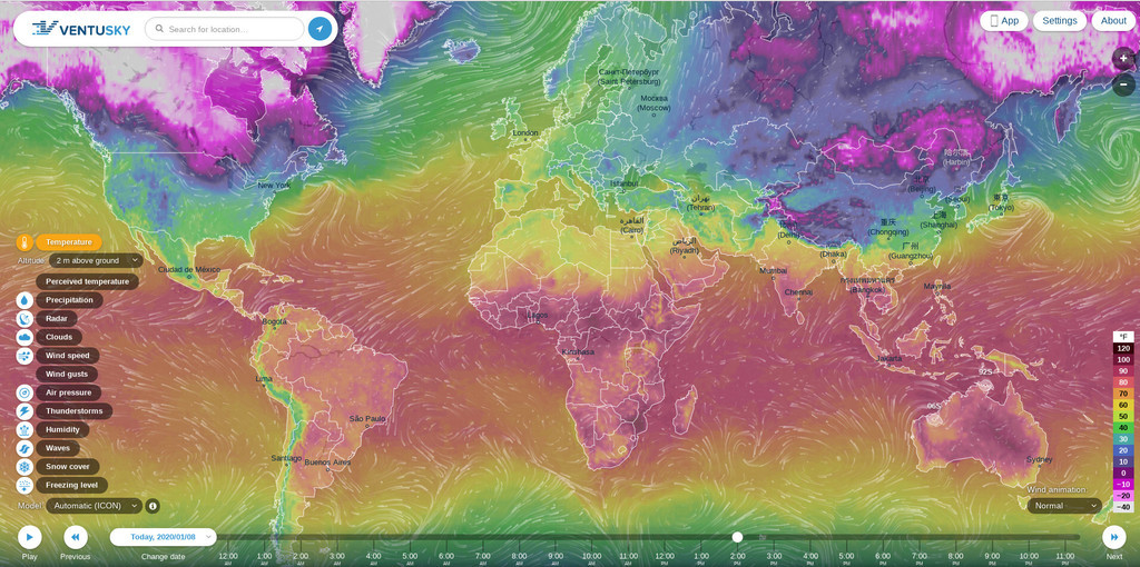 Ventusky - Карти на вятър, дъжд и температура